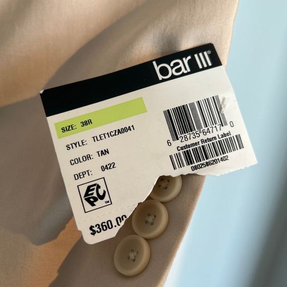 NWT Bar III Slim Fit Stretch Sport Coat Blazer, Tan, Men's 38R - Picture 4 of 7